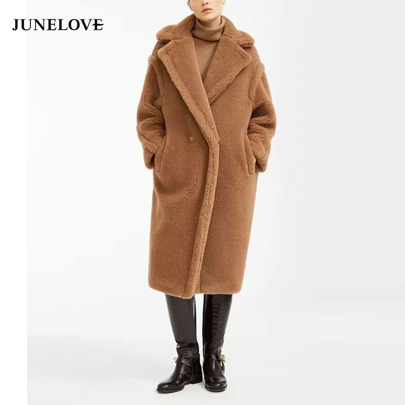 

JuneLove Women Winter Faux Fur Warm Long Coat Vintage Long Sleeve Female Thick Teddy Bear Coat Casual Loose Pocket Lady Outwears, Yellow