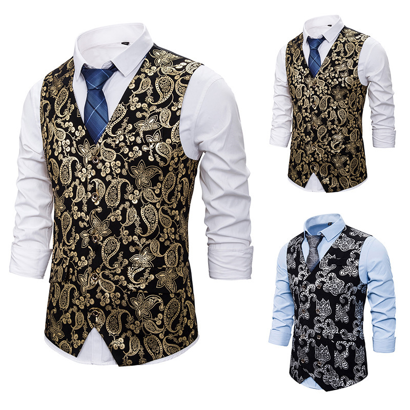 

Men' new style individuality nightclub business bronzing printing leisure double breasted vest European and American sizes XXL, Gold