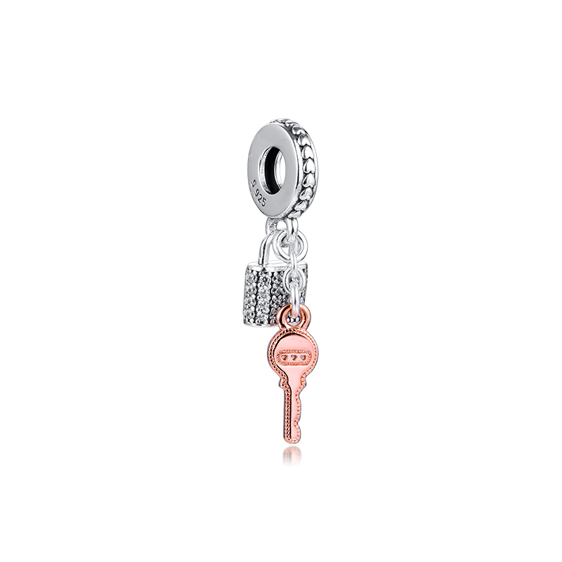 Silver Pave Padlock and Key Dangle Charm Sterling-Silver-jewelry Beads Fits Pandora Bracelets DIY Woman Bracelet Charms-image-553328076