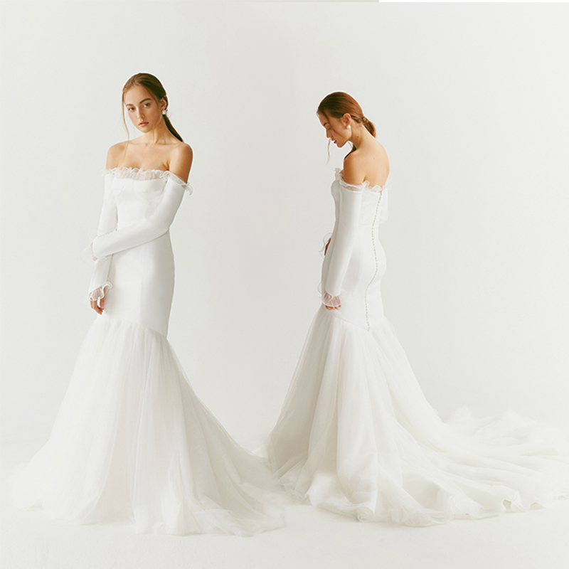 

Mermaid Wedding Dresses With Wrap Off Shoulder Long Sleeve Ruffles Satin Wedding Dress Sweep Train Bridal Gown, Royal blue