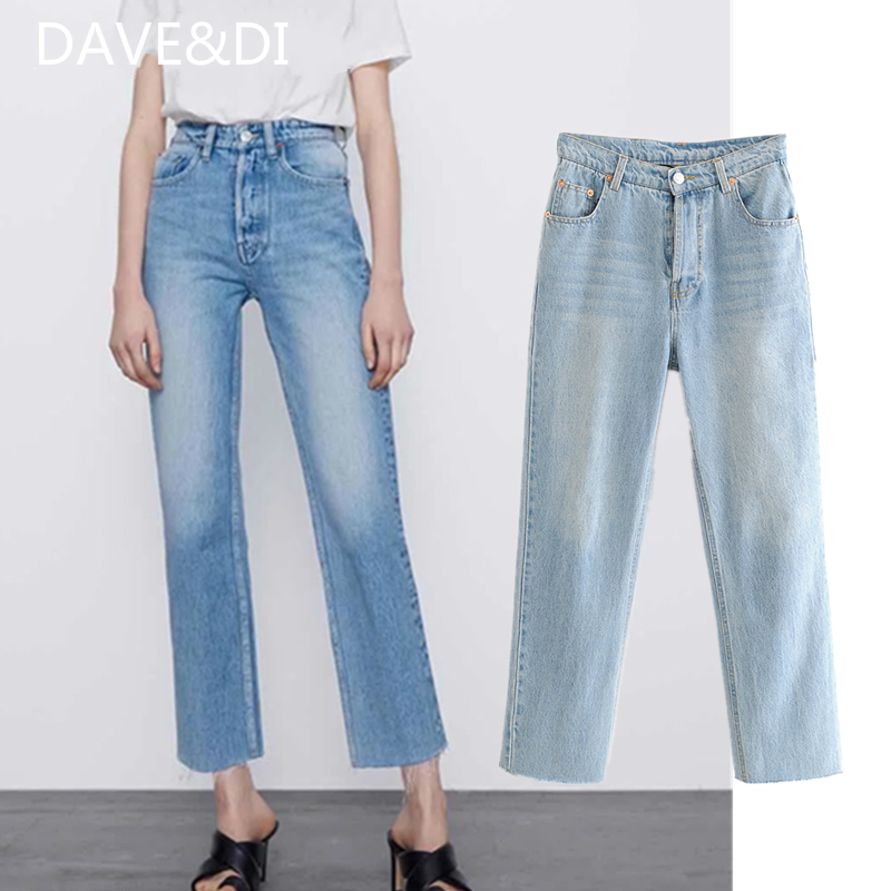 

DAVE&DI 2020 SS ins blogger outfit wahsed regular jeans woman high waist jeans burrs for women boyfriend for women, Sky blue