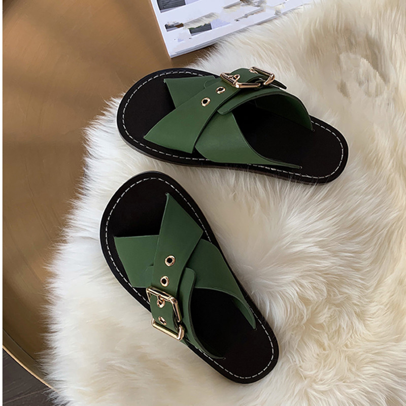 

Cross strap buckled slippers leather beach shoes women white black green flat heel summer holiday sandalias INS fashion shoes