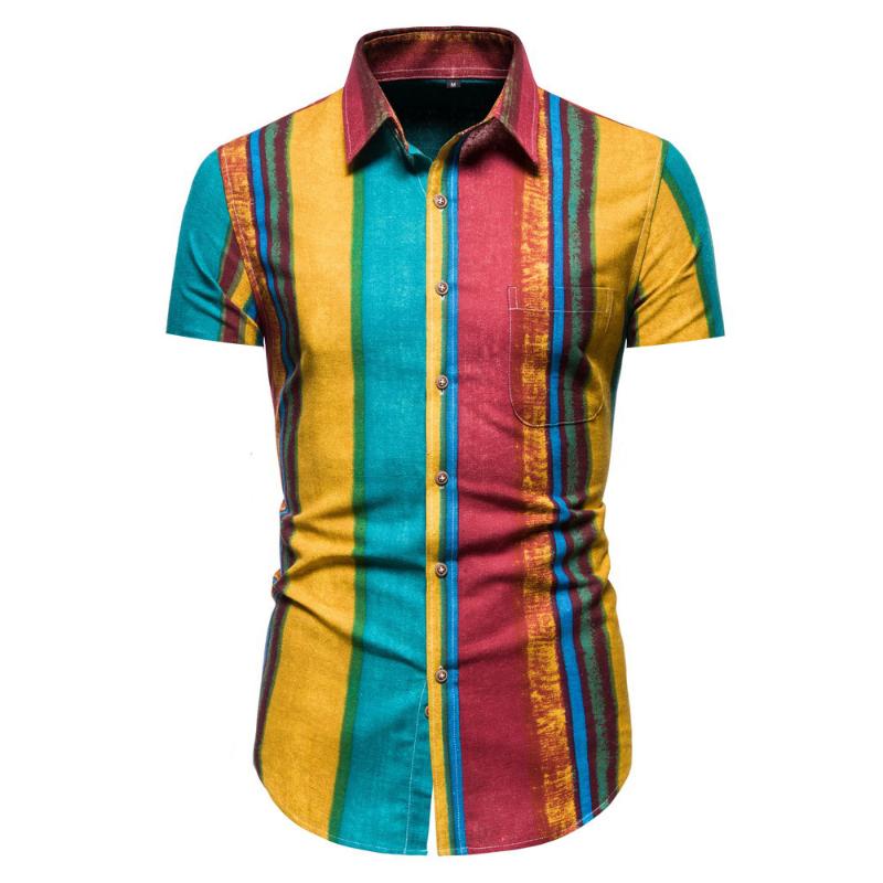 2020 new lapel men's shirt cotton and linen short-sleeved slim stylish striped shirt cotton linen material men's casual
