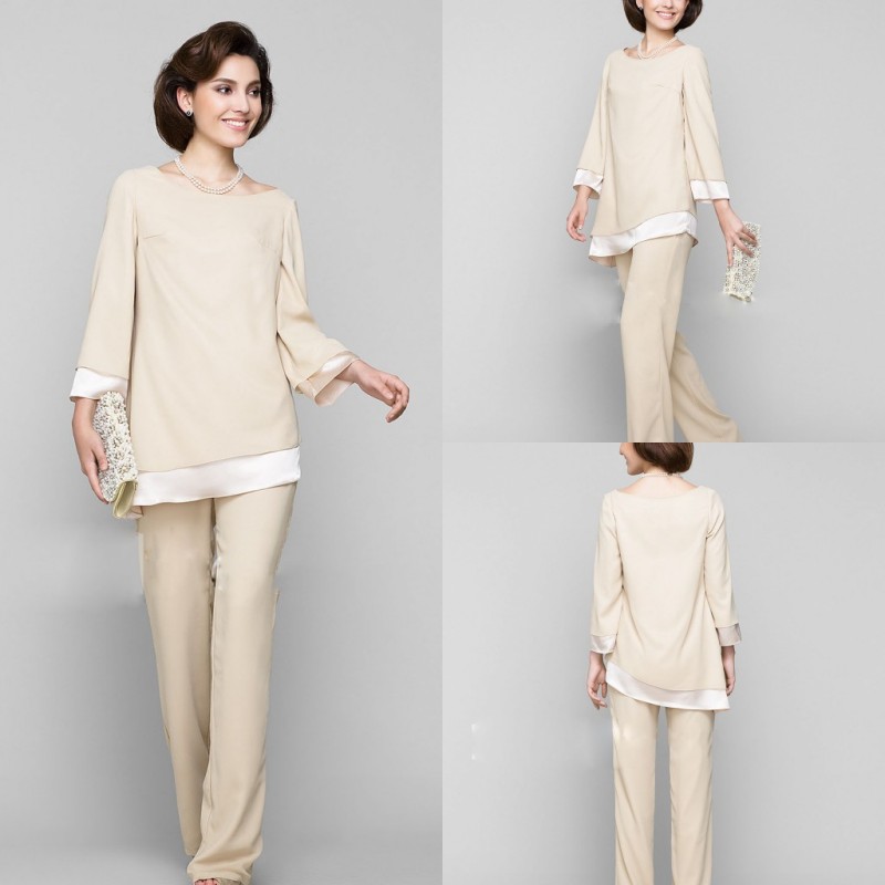 

2019 Champagne Mother Of the Bride Pant Suits Long Sleeves Chiffon Wedding Guest Dress Two Pieces Jewel Neck Evening Gown Prom Dresses