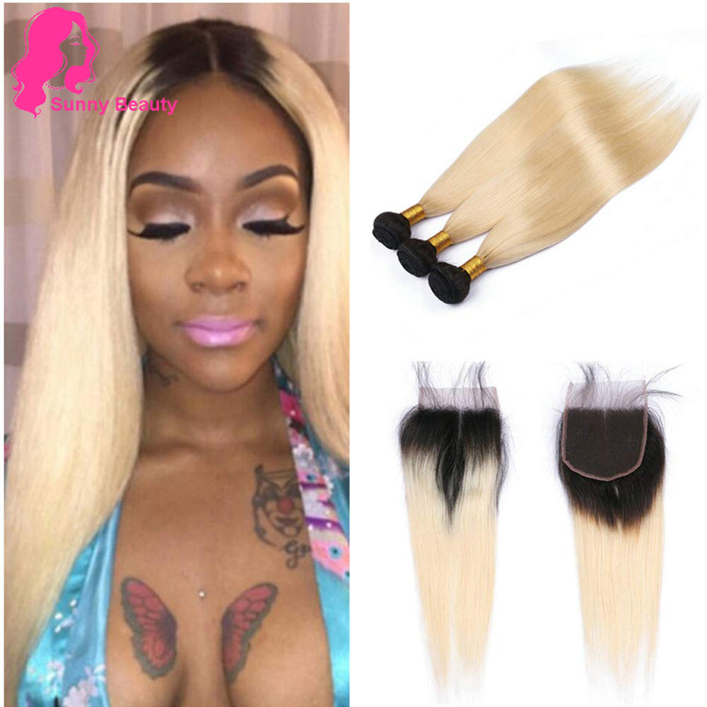 

1b 613 Blonde straight Hair Bundles With 4x4 Closure Dark Root black Stright Virgin Brazilian Human Hairs Weaves bundels, Ombre color