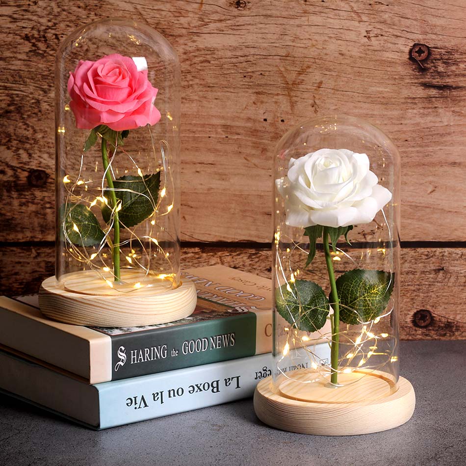 

6 Colour Red Rose In A Glass Dome On A Wooden Base For Valentine's Gifts LED Rose Lamps Christmas, Flower with box
