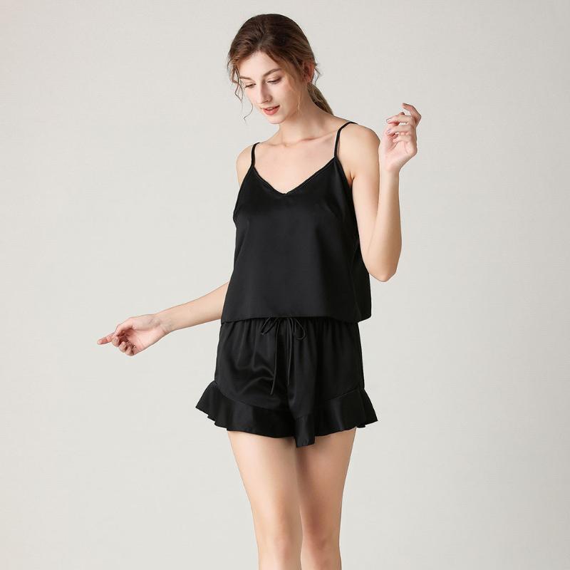 

New Women Pajamas Set Elegant Lace Satin Clothes Summer Sleepwear Top + Shorts Pajamas Set pyjama femme #C, Black