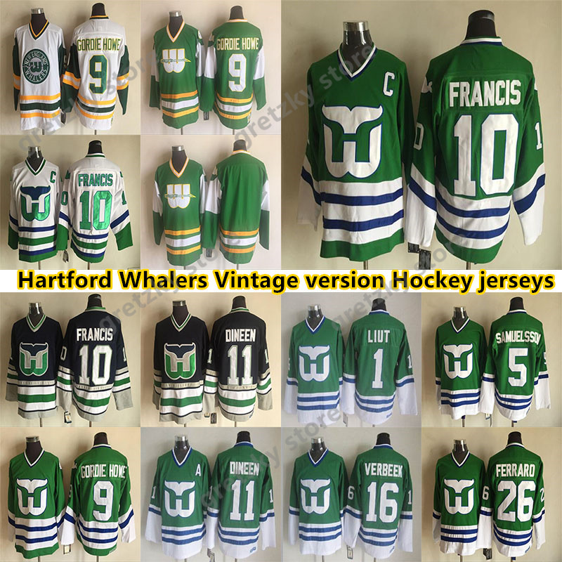 

Men's Hartford Whalers CCM Vintage jerseys 10 FRANCIS 9 GORDIE 11 DINEEN HOWE 16 VERBEEK 26 FERRARO 5 SAMUELSSOV 1 LIUT Hockey Jerse, Green