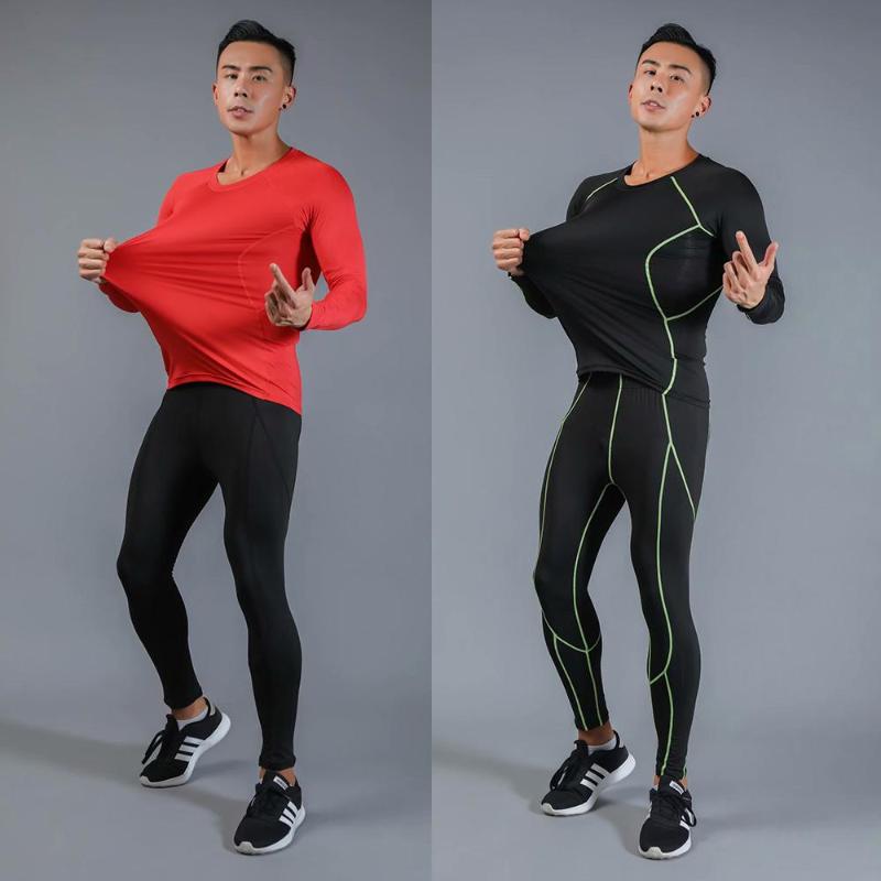 

2pcs / set Men' Workout Gym Sports Suit Fitness Compression Clothes Running Jogging Sport Wear Exercise Workout Tights, 2- pants