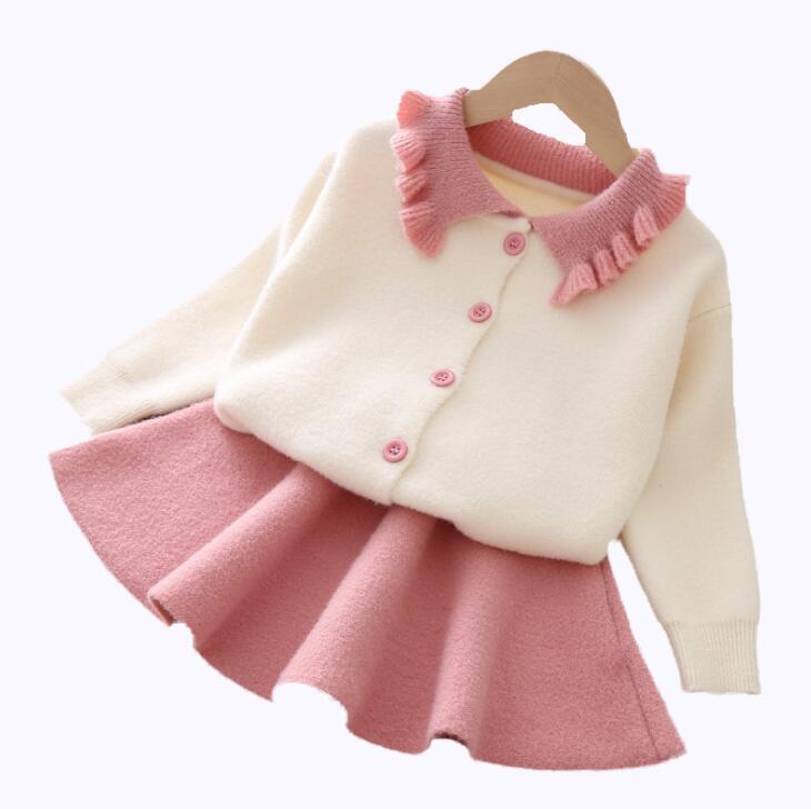 

Girl sweater skirt suit Korean knitted suit two sets for baby girls pink orange 2 colors free shipping