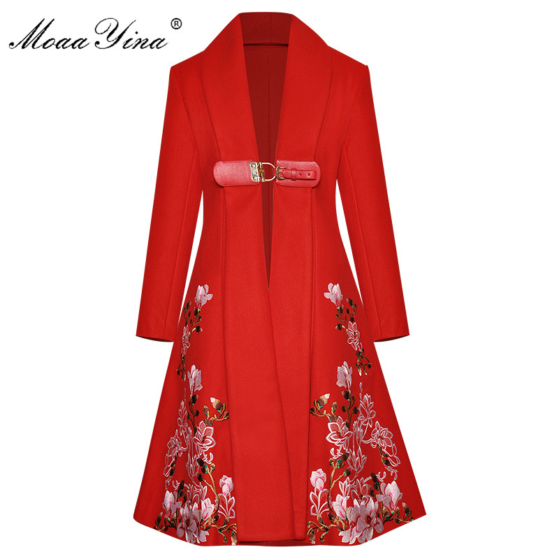 

MoaaYina Fashion Designer Windbreaker Long sleeve V-neck Embroidery Runway Windbreaker Coat, Red