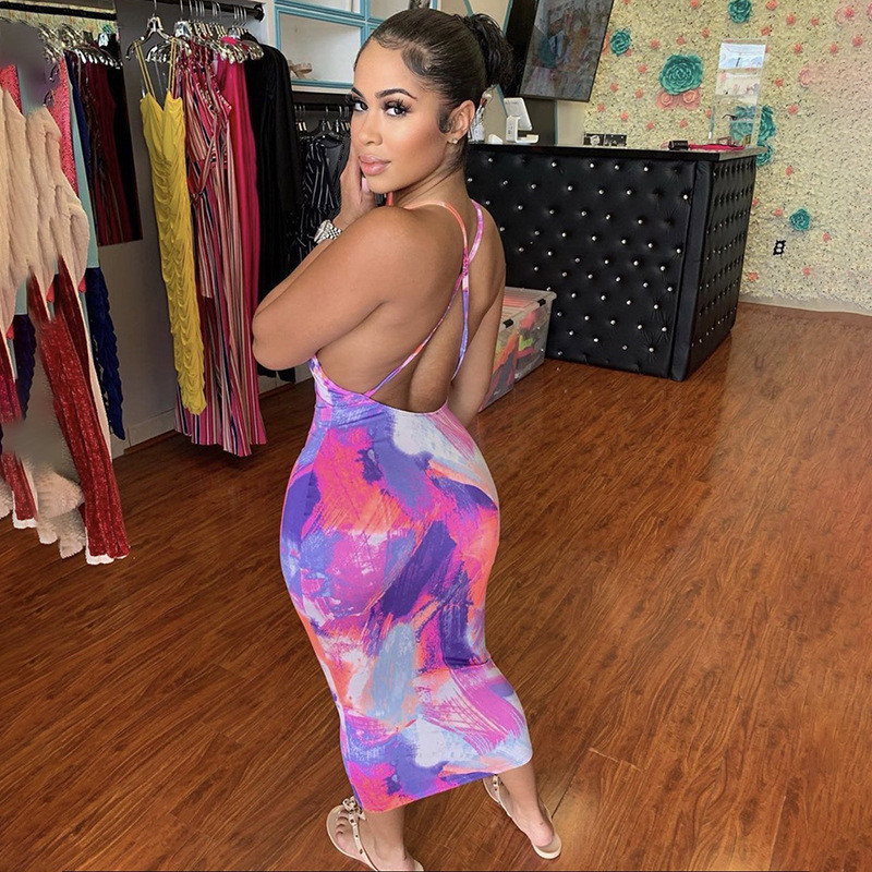 

Backless Criss Cross Hot Sexy Midi Dresses Women Strap Sleeveless Party Clubwear Tie Dye Print Skinny Bodycon Dress New, As shown