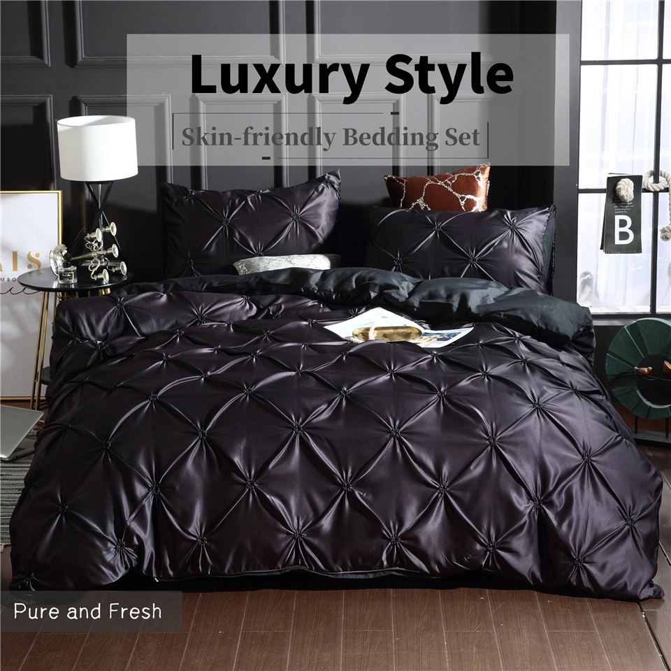 

European Style Washed Silk Bedding 3 Pieces Black Blue Red Quilt Cover King With Pillowcase Solid Double Duvet Cover Set, White