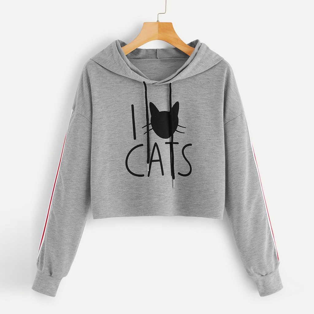 

Women' Hoodies & Sweatshirts Women Girls Casual Long Sleeve Short Cat Kitty Print Pullover Tops Blouse For Female#, As pic