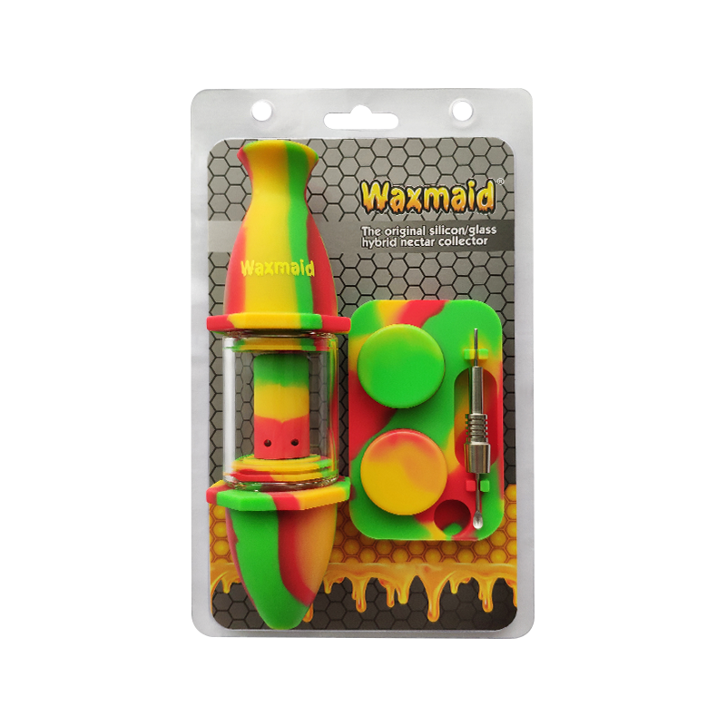 

wholesale Oil Rig Water Pipe Glass Water Bong Waxmaid Nectar Collector Kit with Silicone Container Dab Tool Retail Package