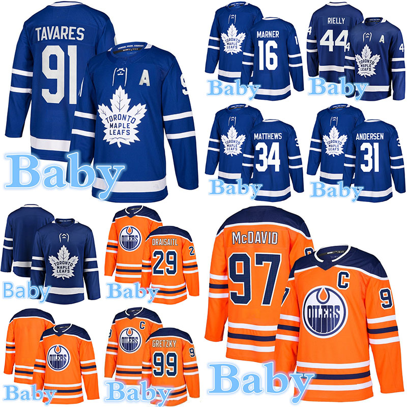 

2019-2020 Baby Jersey Toronto Maple Leafs 91 Tavares 34 Matthew 16 Mitchell Marner Emondton Oilers 97 Connor McDavid Baby hockey Jerseys, Blue