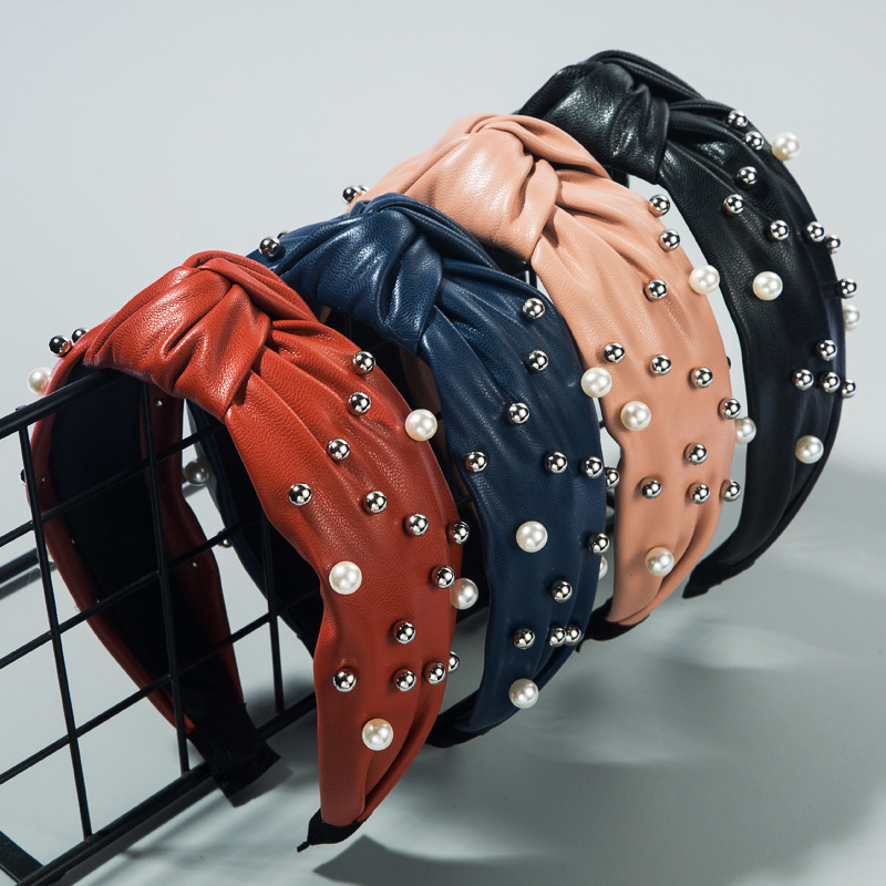 

Wind ins pearl hair band female knotted wide side PU leather headband all-match pleated headdress