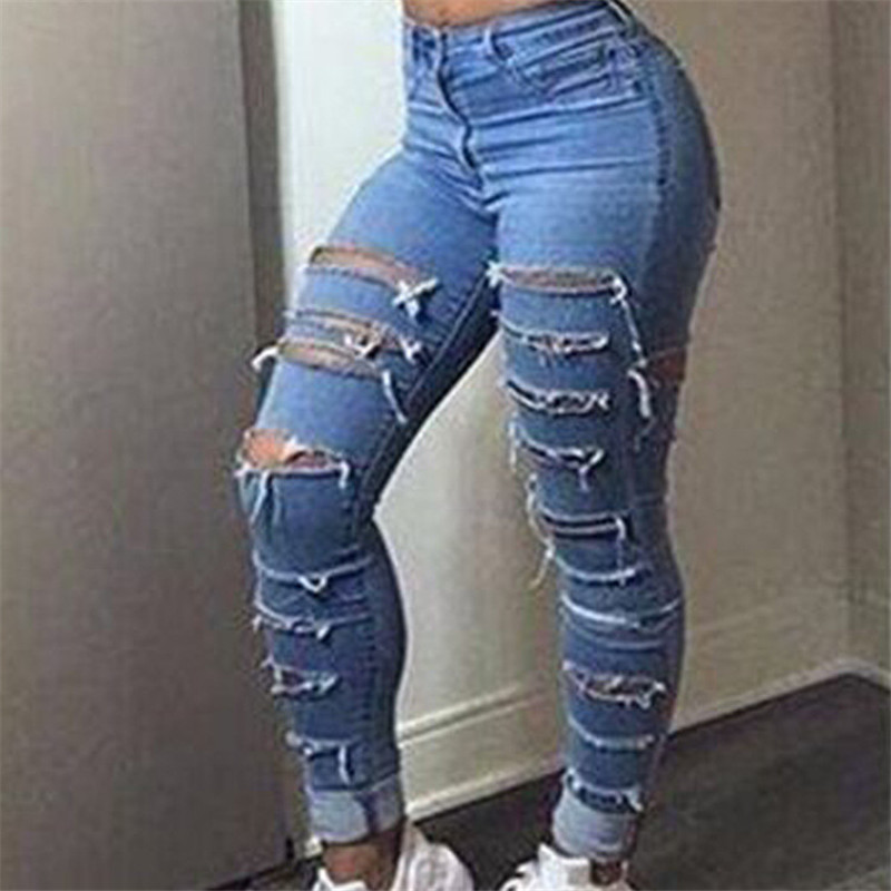

Women Hole Designer Jeans Skinny High Waist Blue Ladies Pencil Pants Streetwear Fashion Womens Clothing