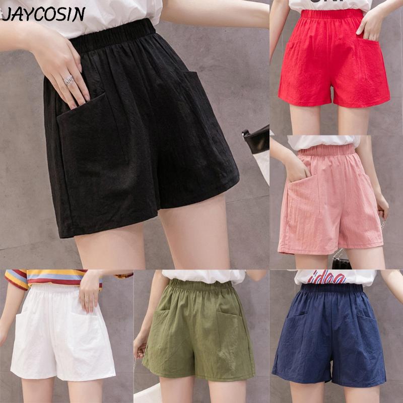 

JAYCOSIN Women' Solid Linen High Waist Shorts Pockets Elastic Waist Ladies Summer Casual Loose Simple Wide Leg Shorts feminino, Pink
