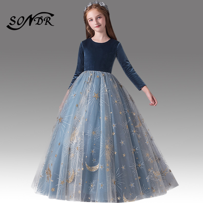 

Patchwork Flower Girl Dresses HT084 Long Sleeve O-Neck Pageant Ball Gowns Shiny Sequin Formal Dress Primera Comunion Decoracion, Gray-blue