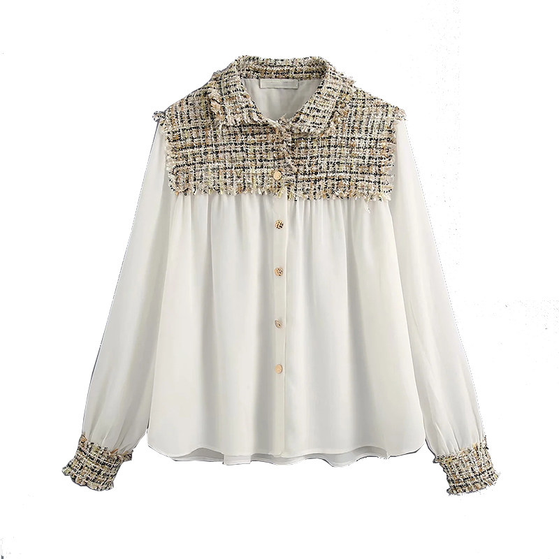 

Klacwaya 2020 Vintage Stylish Tweed Patchwork Blouses Women Fashion Lapel Collar Long Sleeve Shirts Blusas Mujer Chic Tops, Beige