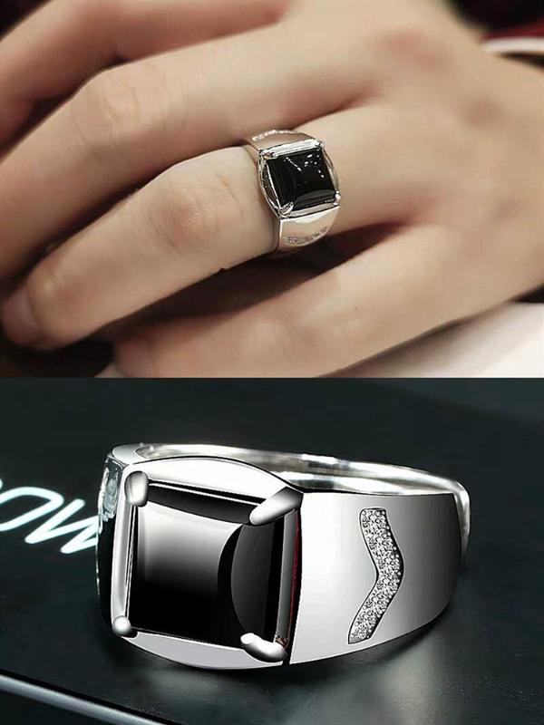 

Cluster Rings Fashion Square Black Gemstones Zircon Diamonds For Men White Gold Silver Color S925 Cool Jewelry Bague Party Accessories