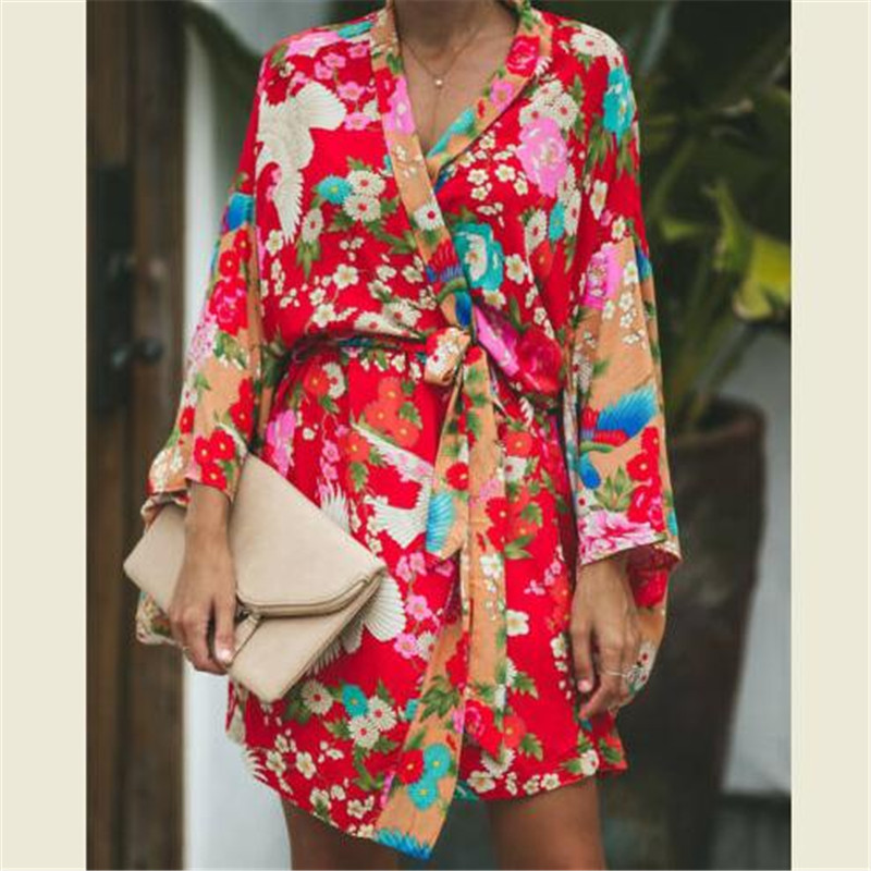 

Autumn Summer Women Long Sleeve Bohemian Floral Casual Loose Long Tops Kimono Cardigan Flare Sleeve Print Thin Shirt, Red