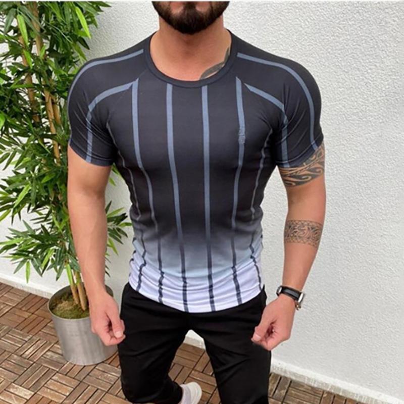 

Fashion Striped Print Plus Size T-shirt Men Short Sleeve compression tight Tshirts Shirt -3XL Summer Clothes Male Casual Tops, Black