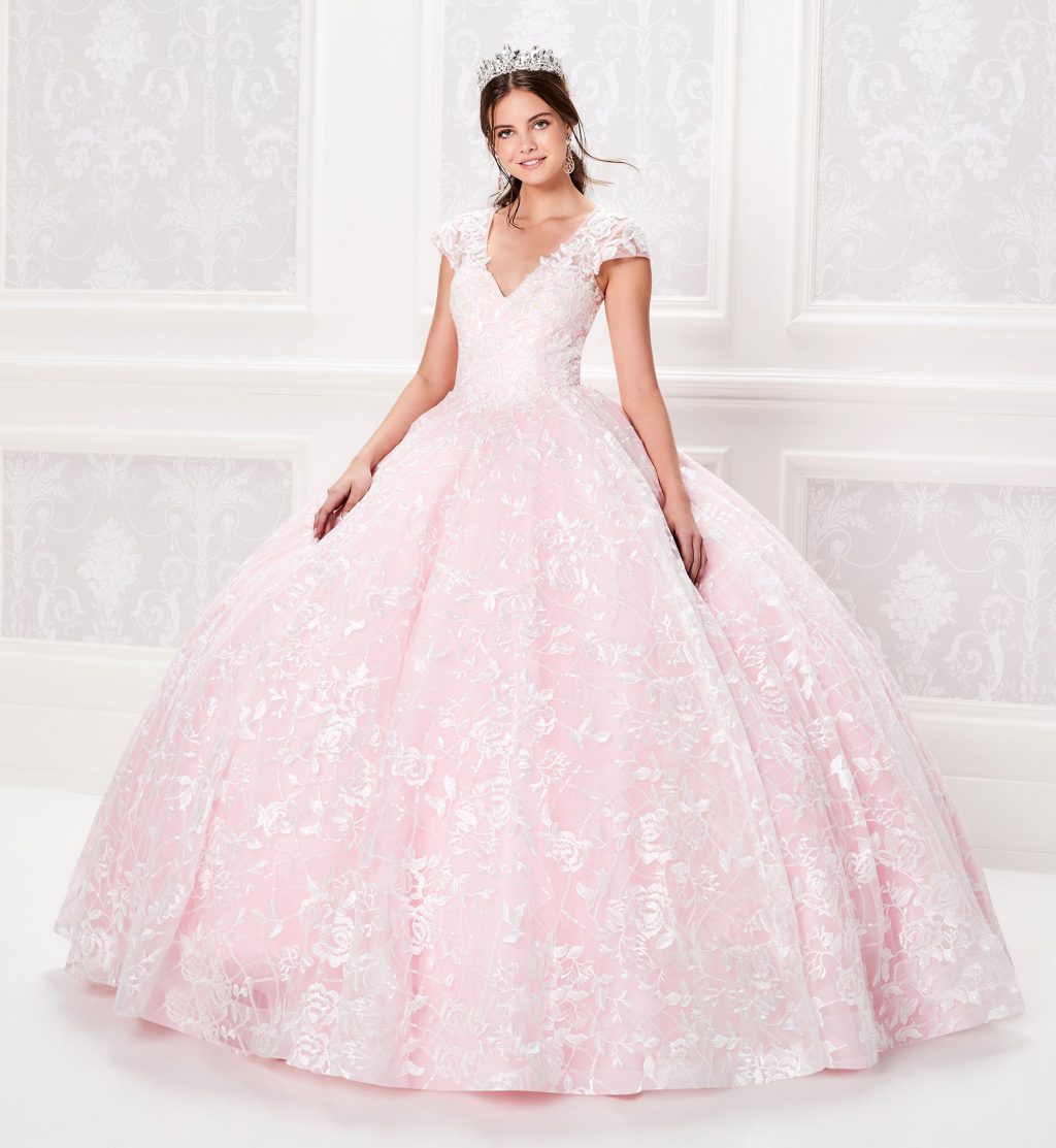 

2019 Pink Ball Gown Quinceanera Dresses Lace Bodice Corset Appliqued V Neck Prom Dress Gorgeous Cap Sleeve Princess Gowns Lace-up