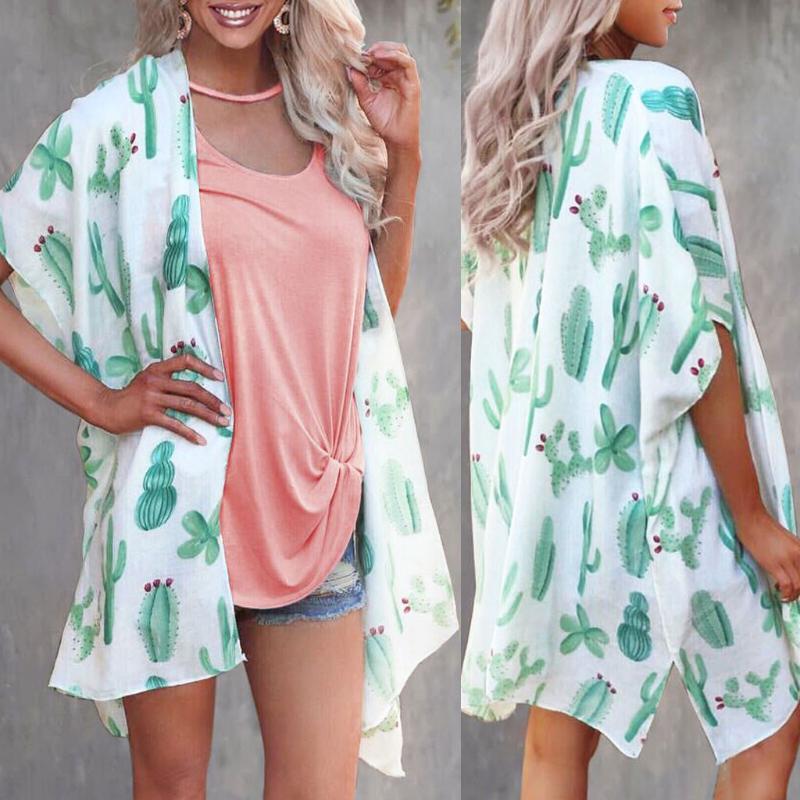 

Women Cactus Print Chiffon Swim Pareo Beach Dress Kimono Long Cardigan Blouse Shawl Cover Up Tops Smock Outwear Mujer Tunic 2XL, Green
