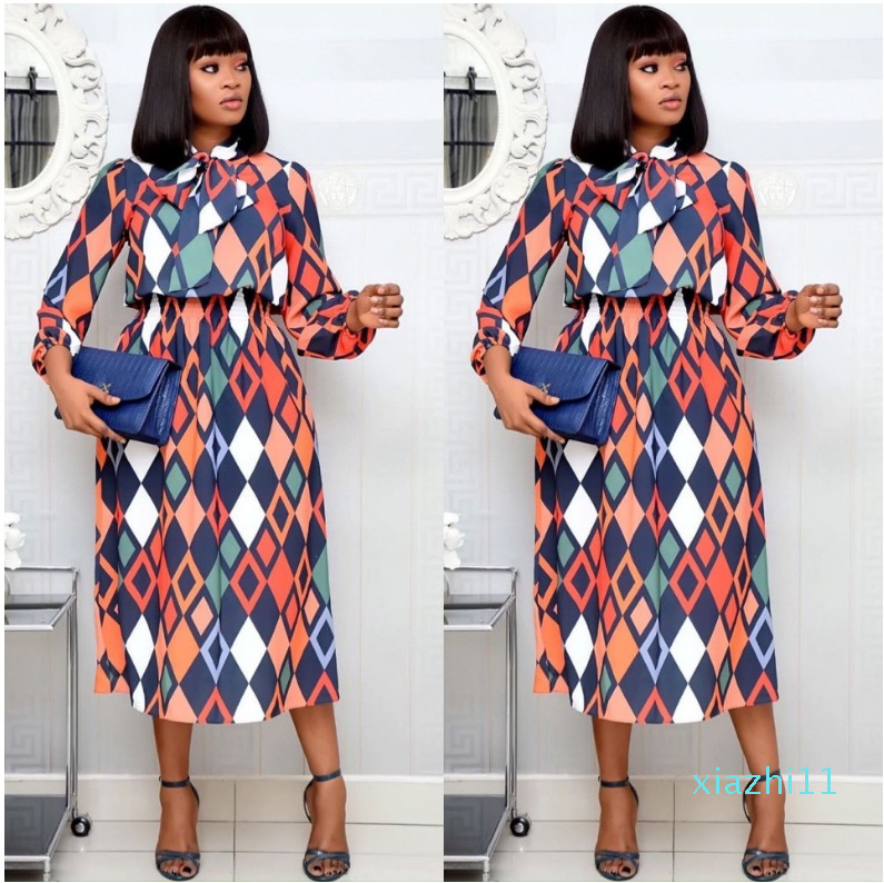 fashion-European and American spring and summer women's temperament thin lace long sleeve printing African skirt