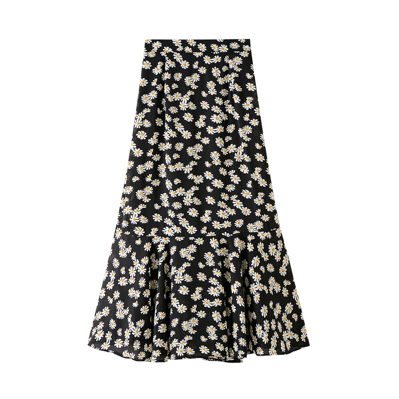 

Summer Flounced Trumpet Mermaid Floral Long Chiffon Skirt Ruffles Summer Flowers Printed Mid-calf Chiffon Long Skirts, Floral yellow