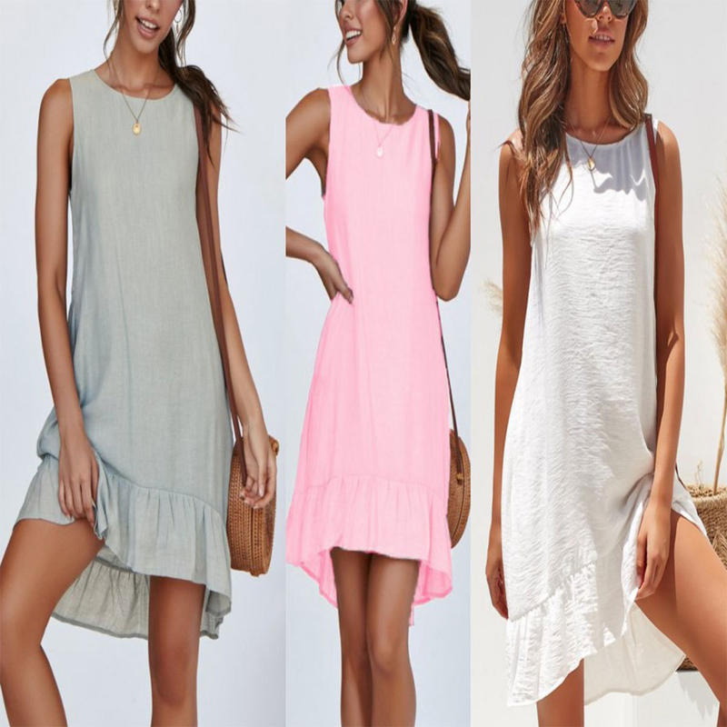 

Women' Female Ladies Casual Sweet Elegant Round Neck Loose Solid Color Sleeveless Ruffled Short Tank Dress, Gray