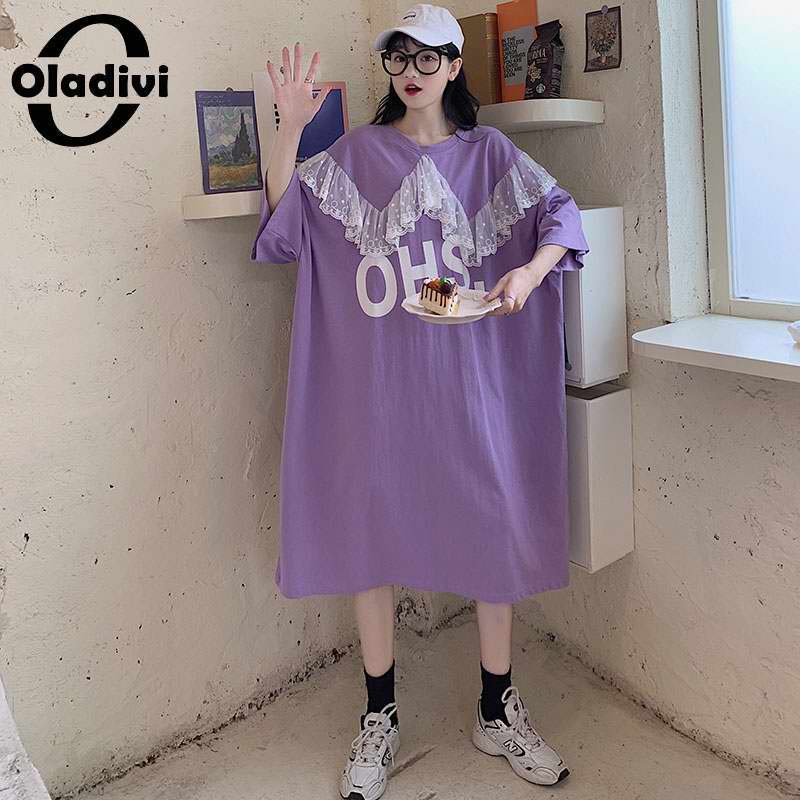 

Oladivi Oversized Plus Size Women Lace Cotton Shirt Dress Ladies Fashion Print Casual Loose Big Midi Dresses Top Tees Tunics 8XL, Black