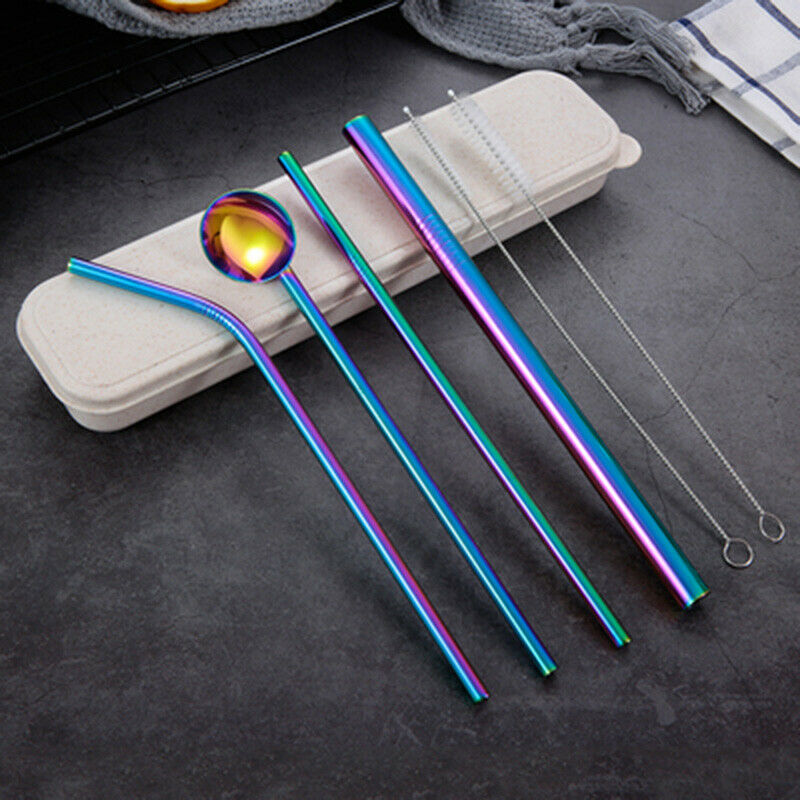 

4 Pcs/set Stainless Steel Metal Drinking Straw Reusable Straws+Cleaner Brush Kit