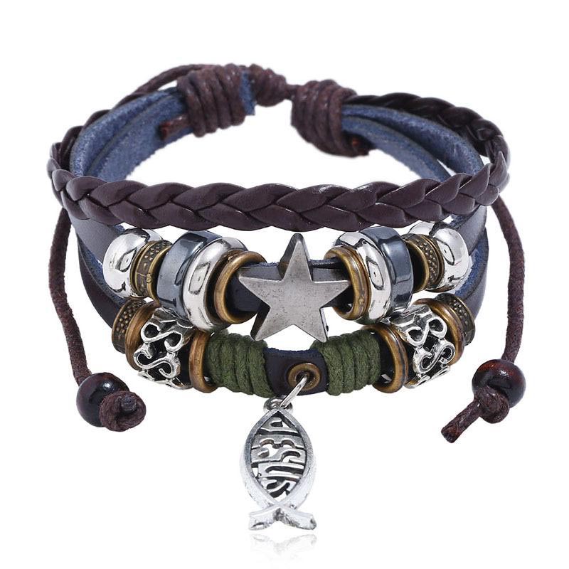 

Jesus Fish Bracelet Retro Star Cross Multilayer Wrap Bracelet Leather Bracelets Women Man Fashion Jewelry Will and Sandy Drop Ship, Golden;silver