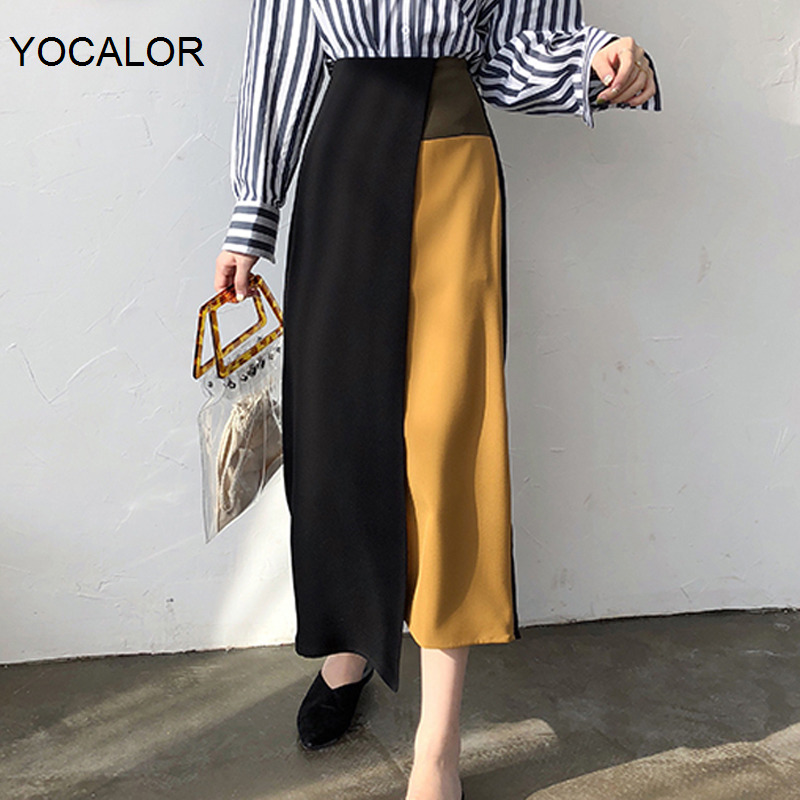 

Yocalor 2020 Style Women Skirt High Waist Patchwork Irregular Hem Chic Hit Color Slim Midi A-line Skirts Female Skirts, Picture color
