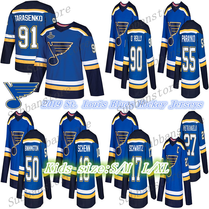 

2019 Stanley Cup Champions final St. Louis Blue Kids(Youth) 90 Ryan O'Reilly 91 Vladimir 50 Binnington 17 Jaden Schwartz hockey jersey, White