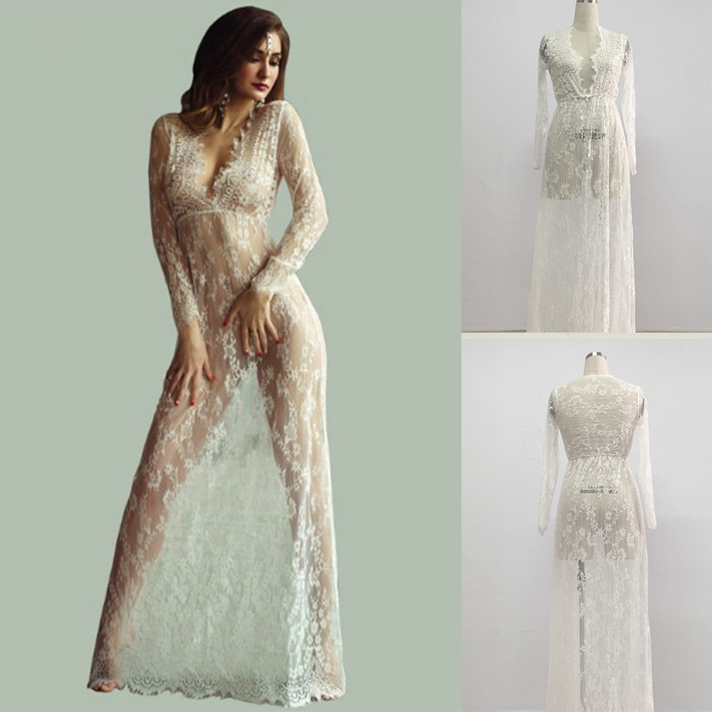 2020 col en v Robes de mariée pleine dentelle appliqué manches longues robe de nuit pour les femmes ruban Sexy étage longueur pyjamas vêtements d