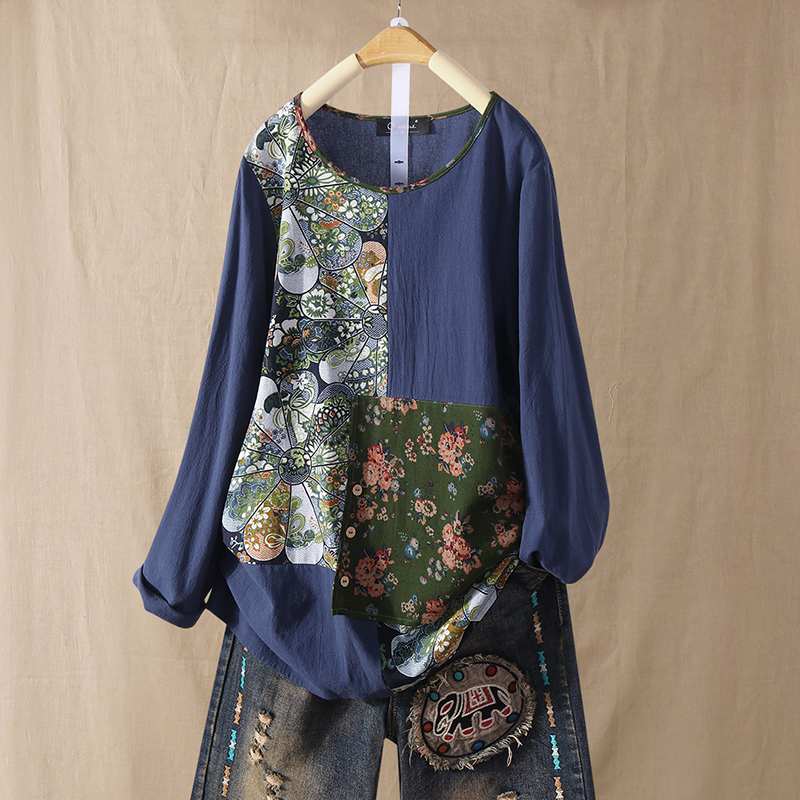 

ZANZEA Women Vintage Floral Printe Blouse Casual Pacthwork Tops Spring O Neck Long Sleeve Cotton Linen Blusas Female Shirt Robe, Orange