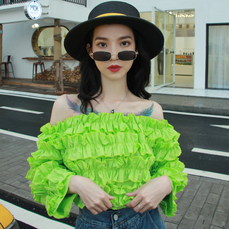 

Summer Autumn Women's Top Lacework Elastic Slash Collar Strapless Bra Shirt Cotton Shirt Sweet Holiday Wind Short Blouse, Green