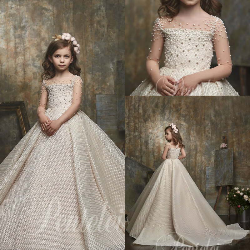 

Dreamly A Line Flower Girl Dresses Jewel Long Sleeve Lace Applique Pearls Pageant Dress Floor Length Girl's Birthday Part, Chocolate