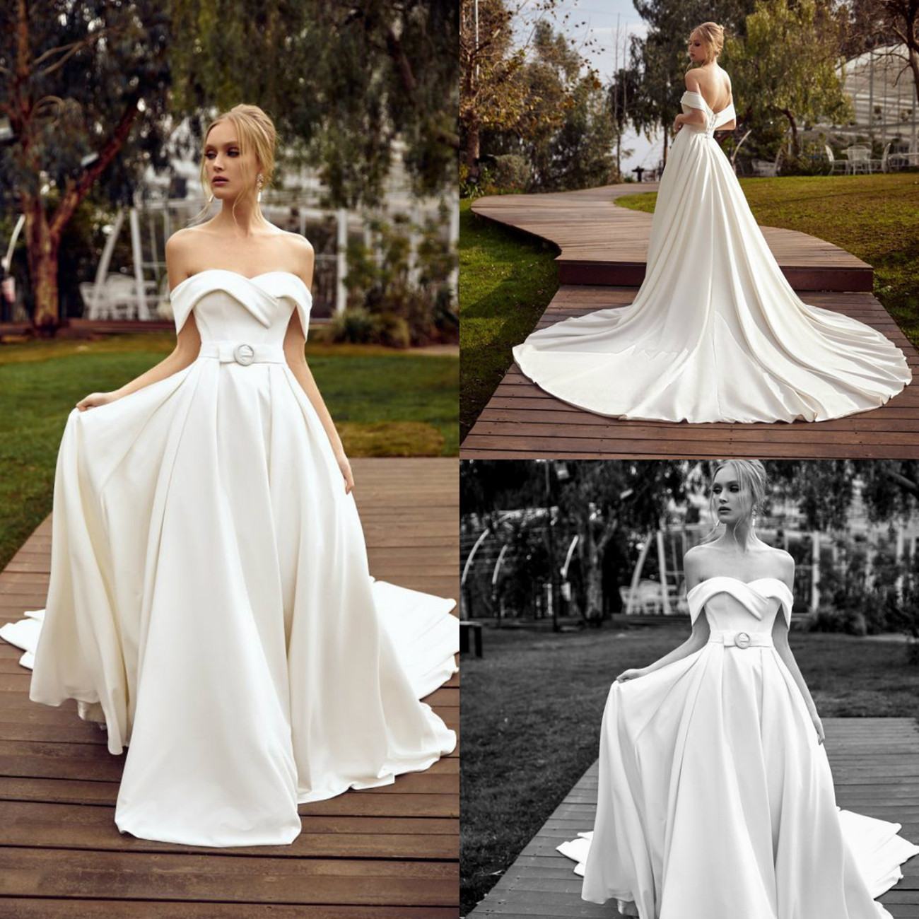 

Julie Vino 2020 Wedding Dresses Off Shoulder Lace Appliques Bridal Gowns Sexy Lace-up Back Sweep Train A-Line Beach Wedding Dress, Silver