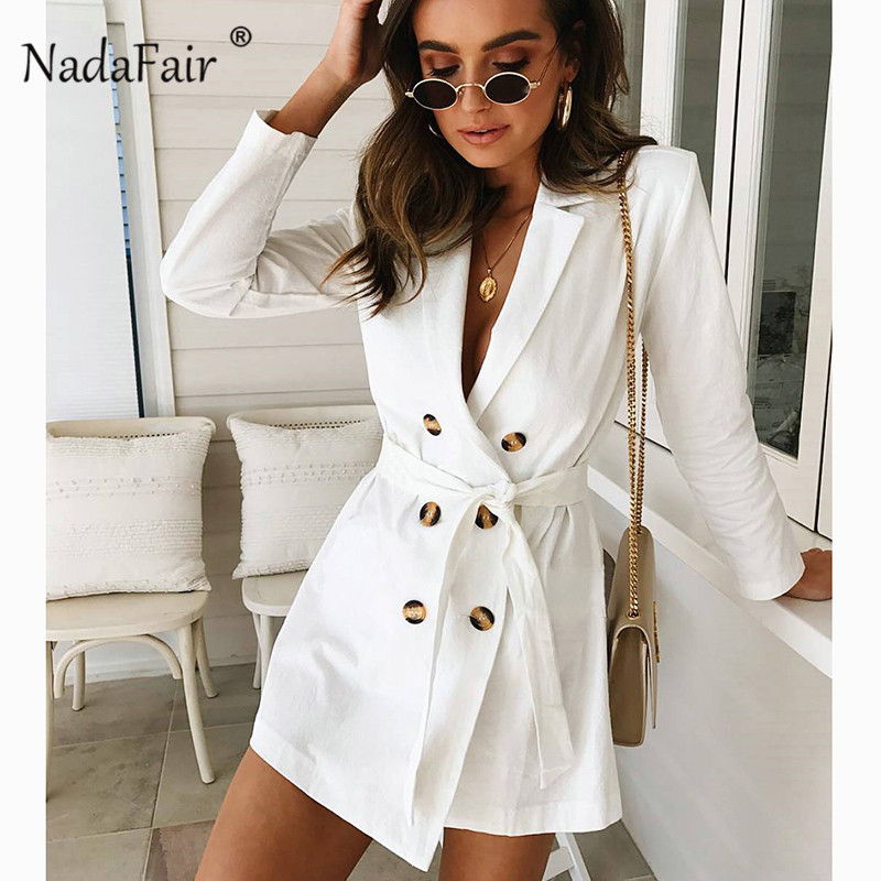 

Nadafair White Long Blazer Feminino 2019 Double Breasted Belt Elegant Autumn Winter Jacket Coat Plus Size Overcoat