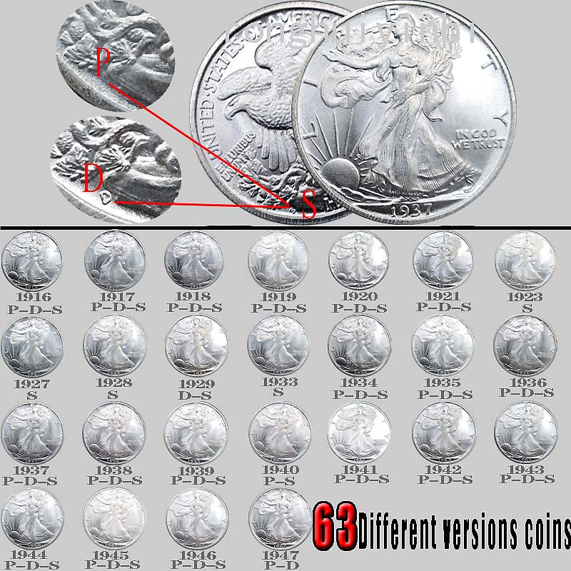 

63pcs USA Walking Liberty coins Bright Silver Copy Coin Full Set Art Collectible