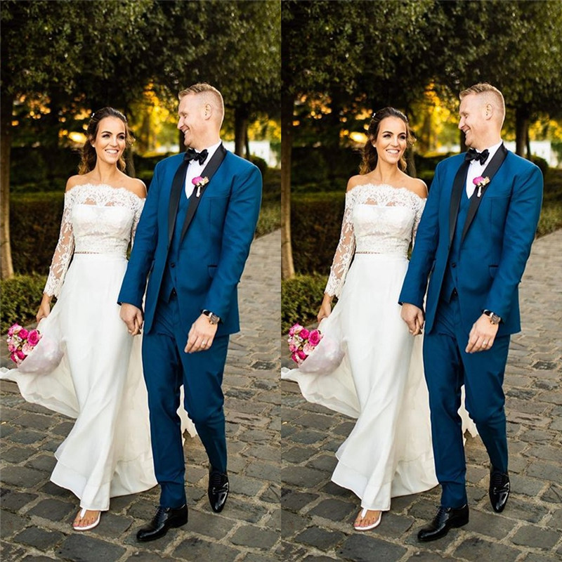 

Elegant Off Shoulder Aline Wedding Dresses with Lace Long Sleeves Floor Length Cheap Custom Made Bridal Gowl Gowns, White