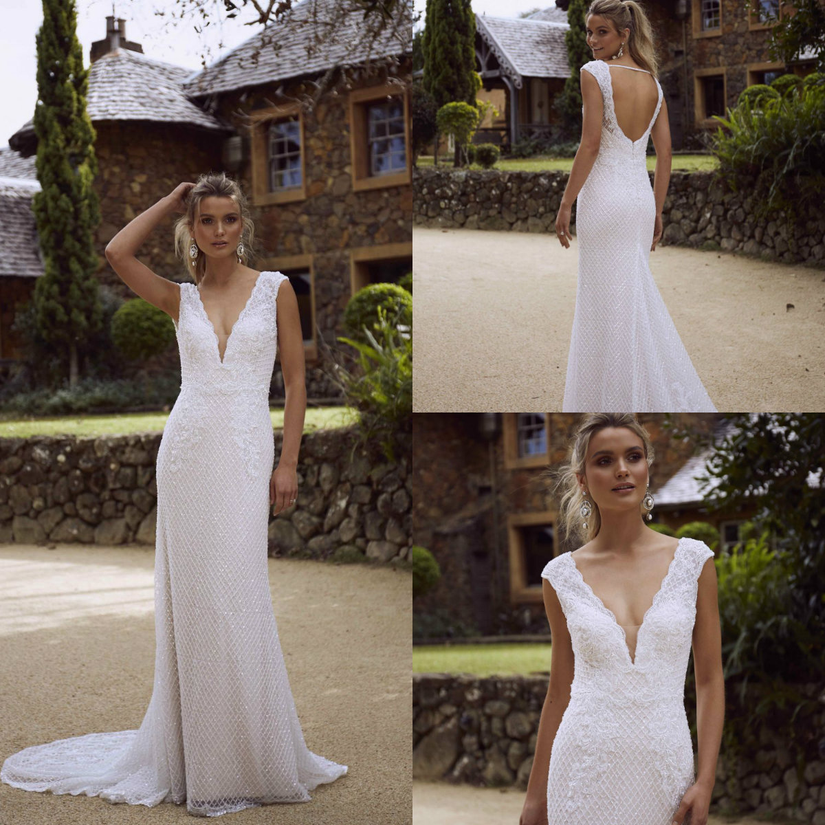 

Sexy Backless Mermaid Wedding Dresses Deep V Neck Lace Appliqued Sweep Train Country Wedding Dress Custom Made Plus Size Bridal Gown, Custom made from color chart