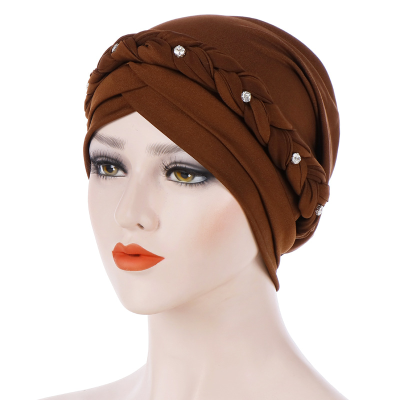 

Toque Muslim Braided Milk silk Women Turban Hijab Fashion RhinestoneIslamic Ladies Stretch Head Wrap Head Scarf 9Colors