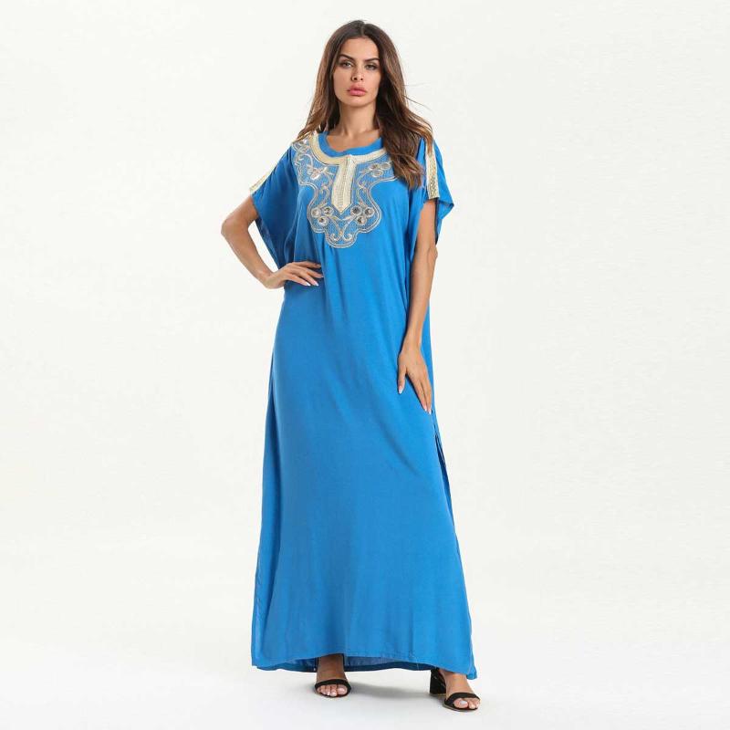 

Embroidery Muslim Maxi Dress Summer Bohemian Women Sundress Short Sleeve Blue Abaya Dubai Islamic UAE Arabic Cotton Robe Kaftan