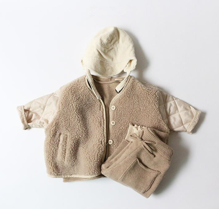 

Winter Korean Style Children Lamb Thicken Coats Patchwork Sleeve Unisex Kids Loose Outerwear Polar Fleece Lining Jackets, Khaki